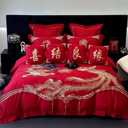 91家纺网 家纺一手货源 找家纺 JUICY 橘滋家纺 2023新款轻奢高端进口长绒棉刺绣婚庆四件套 龙凤喜悦