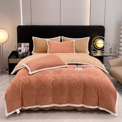 金米诺 2024直播爆款轻奢宽边纯色立体雕花牛奶绒四件套 咖色