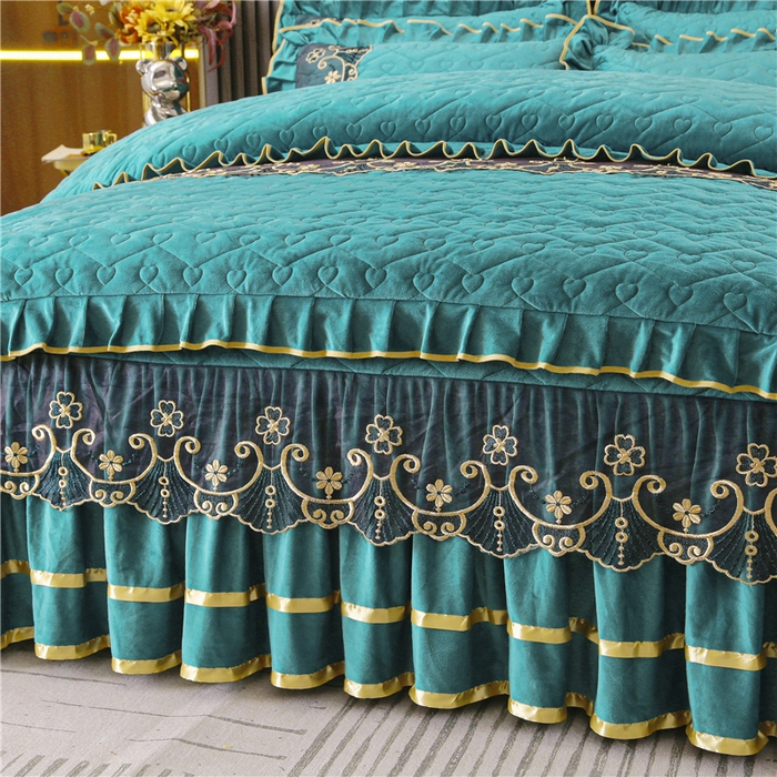 91家纺网 家纺一手货源 找家纺 新款心心相印蕾丝款水晶绒保暖床裙四件套 心心相印蕾丝款-翡翠绿