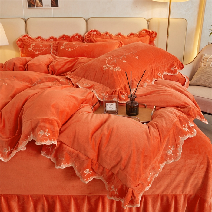 91家纺网 家纺一手货源 找家纺 恒爱家纺 2023新款宝宝绒花好月圆床单款四件套 爱玛橙