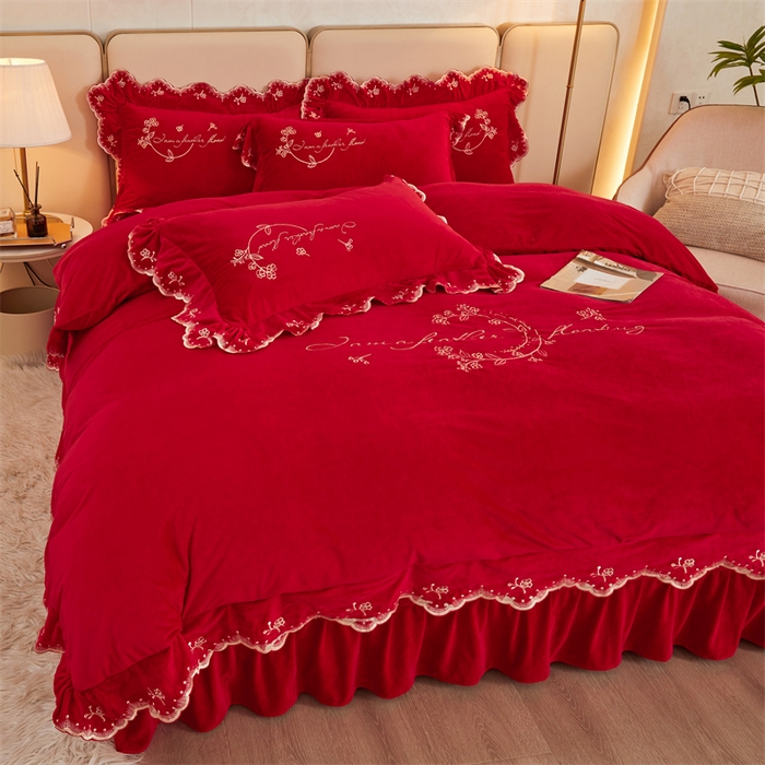 91家纺网 家纺一手货源 找家纺 恒爱家纺 2023新款宝宝绒花好月圆床单款四件套 喜庆红