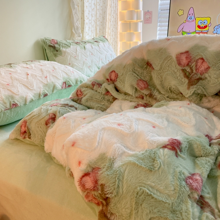 91家纺网 家纺一手货源 找家纺 安哆啦家纺 2024新款加厚9斤印花獭兔毛绒兔兔绒剪花刷花牛奶绒四件套 郁金香