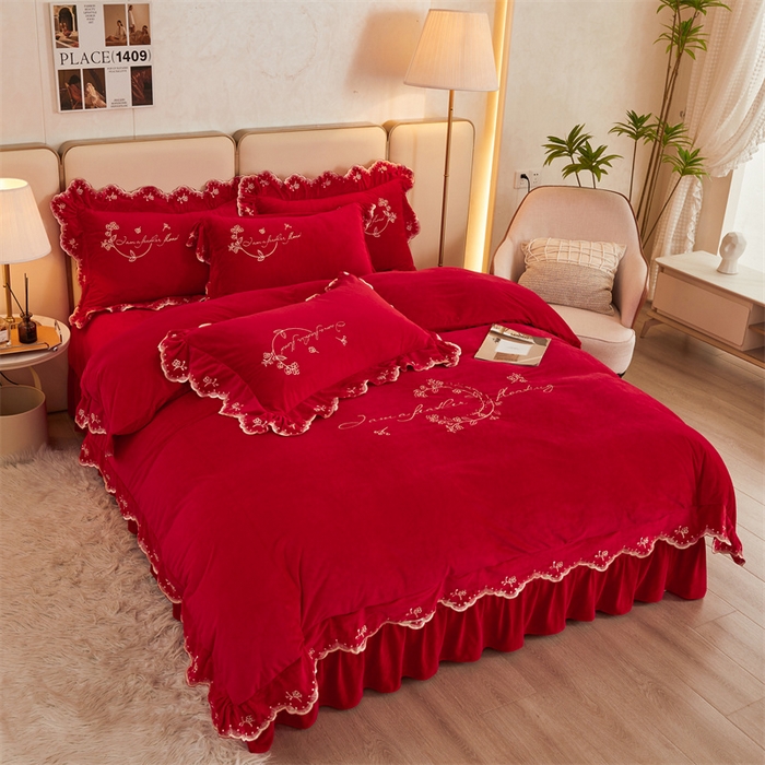 91家纺网 家纺一手货源 找家纺 恒爱家纺 2023新款宝宝绒花好月圆床单款四件套 喜庆红