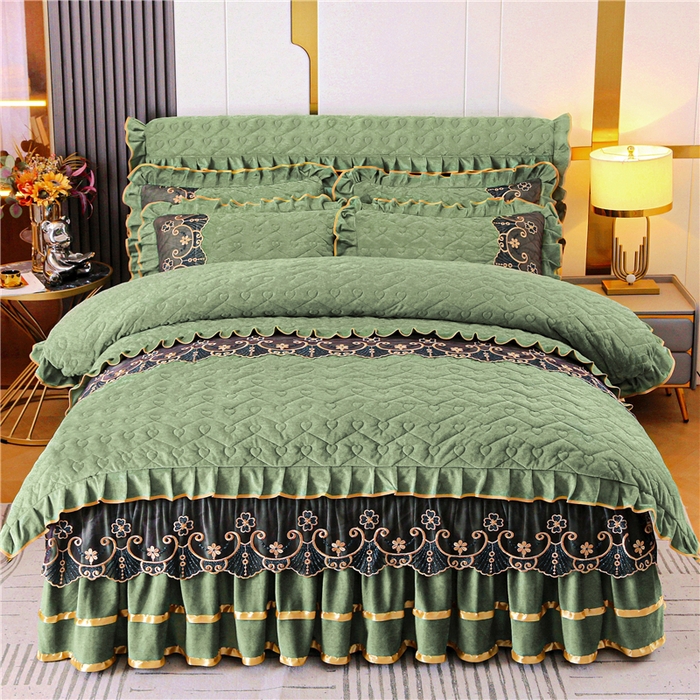 91家纺网 家纺一手货源 找家纺 新款心心相印蕾丝款水晶绒保暖床裙四件套 心心相印蕾丝款-橄榄绿