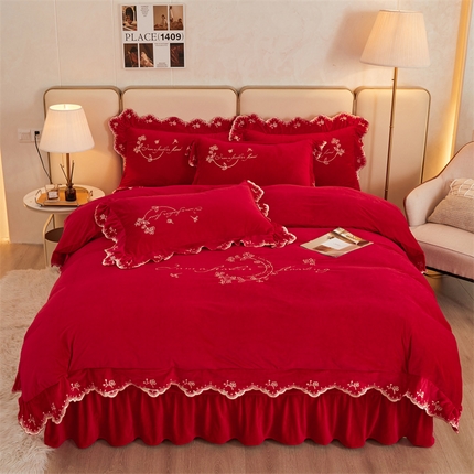 恒爱家纺 2023新款宝宝绒花好月圆床单款四件套 喜庆红
