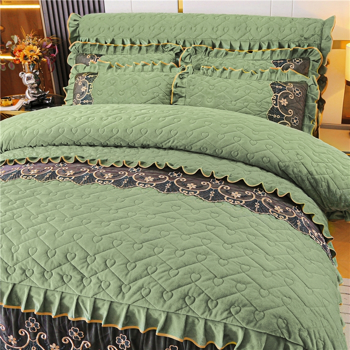 91家纺网 家纺一手货源 找家纺 新款心心相印蕾丝款水晶绒保暖床裙四件套 心心相印蕾丝款-橄榄绿