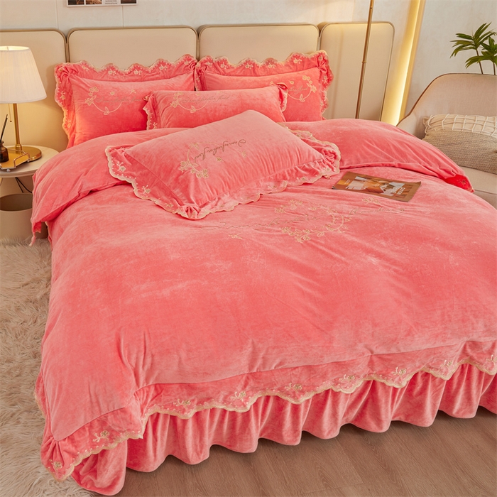 91家纺网 家纺一手货源 找家纺 恒爱家纺 2023新款宝宝绒花好月圆床单款四件套 梦想粉