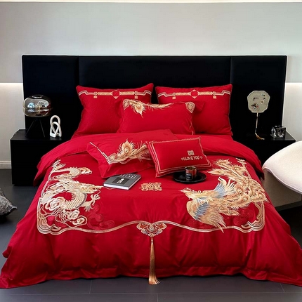91家纺网 家纺一手货源 找家纺 JUICY 橘滋家纺 2023新款轻奢高端进口长绒棉刺绣婚庆四件套 龙腾凤跃