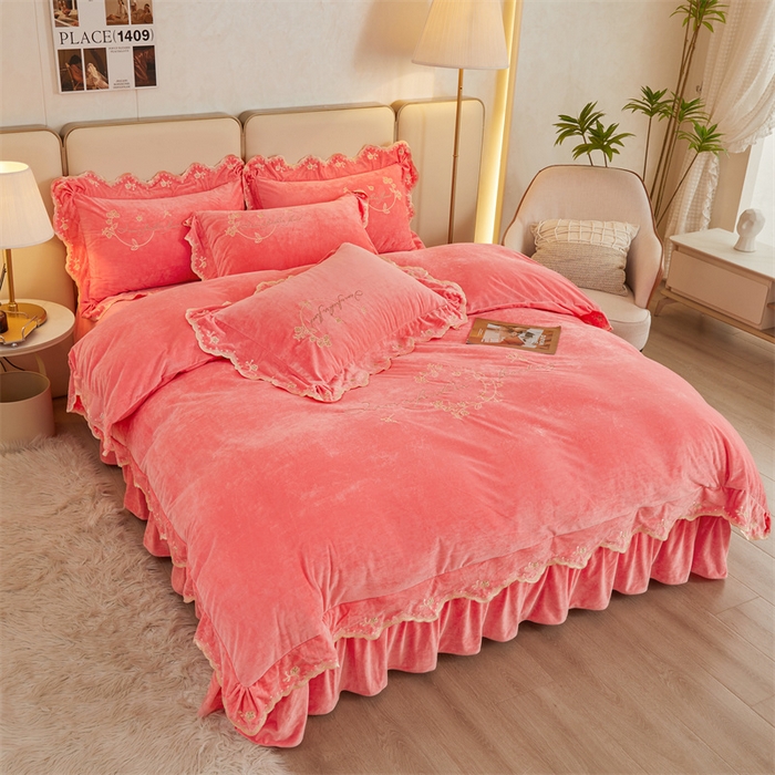 91家纺网 家纺一手货源 找家纺 恒爱家纺 2023新款宝宝绒花好月圆床单款四件套 梦想粉