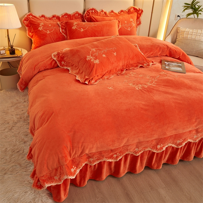 91家纺网 家纺一手货源 找家纺 恒爱家纺 2023新款宝宝绒花好月圆床单款四件套 爱玛橙