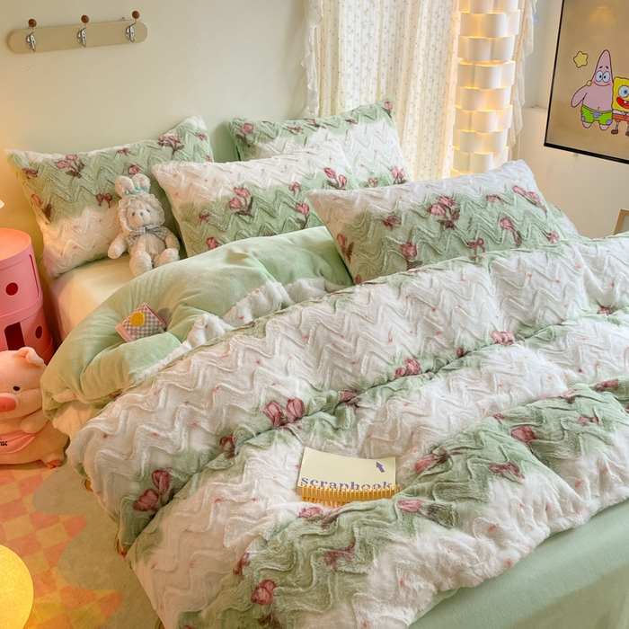 91家纺网 家纺一手货源 找家纺 安哆啦家纺 2024新款加厚9斤印花獭兔毛绒兔兔绒剪花刷花牛奶绒四件套 郁金香