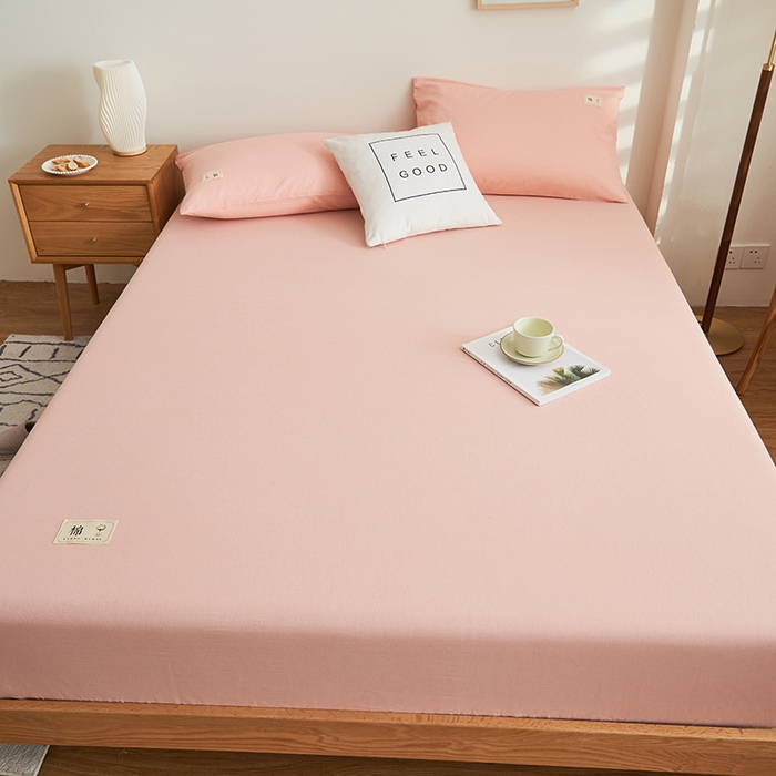 91家纺网 家纺一手货源 找家纺 21度C 2024新款色织全棉水洗棉床笠 洛卡-粉