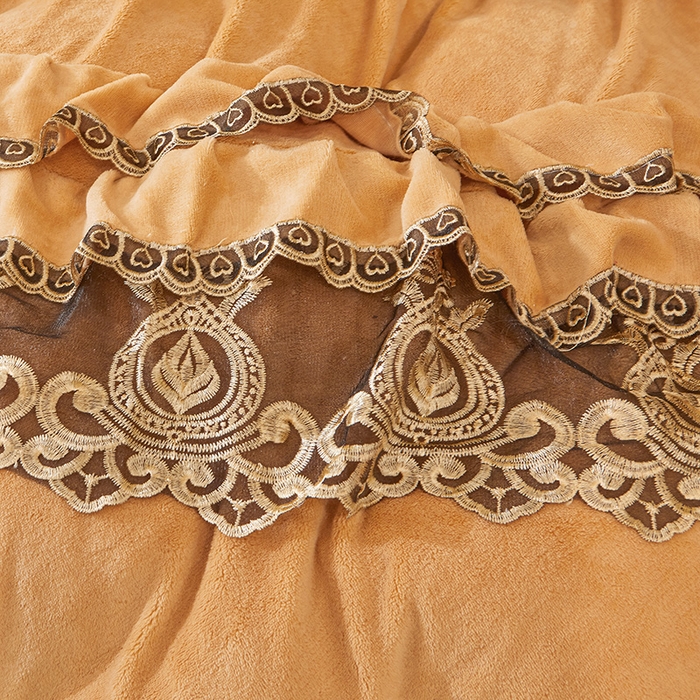 91家纺网 家纺一手货源 找家纺 虹星家纺 2023新款牛奶绒夹棉蕾丝可拆卸床裙系列四件套 梦幻巴黎 暖杏