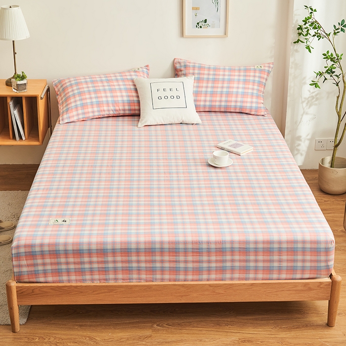 91家纺网 家纺一手货源 找家纺 21度C 2024新款色织全棉水洗棉床笠 七分格粉