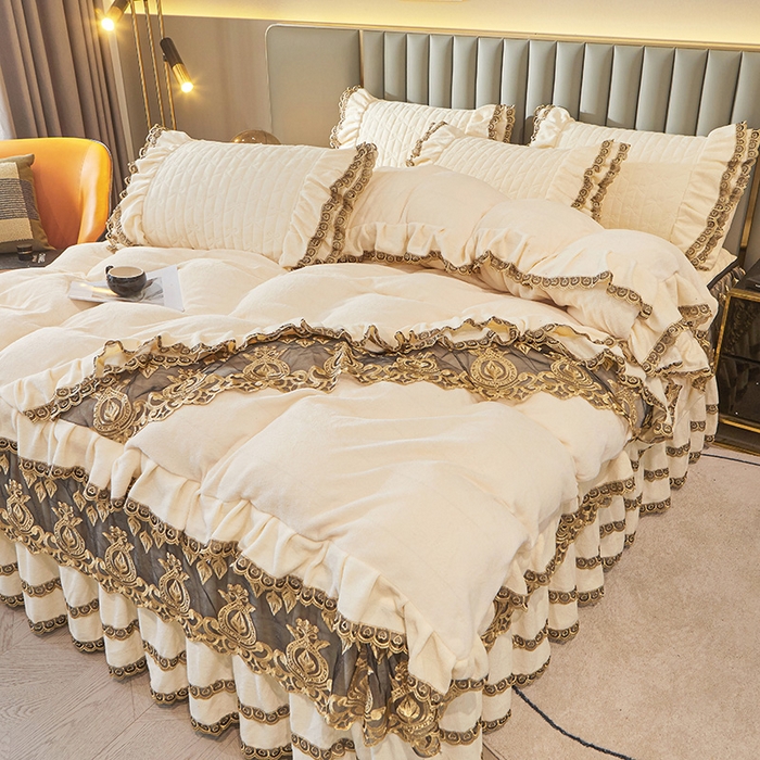 91家纺网 家纺一手货源 找家纺 虹星家纺 2023新款牛奶绒夹棉蕾丝可拆卸床裙系列四件套 梦幻巴黎 奶白