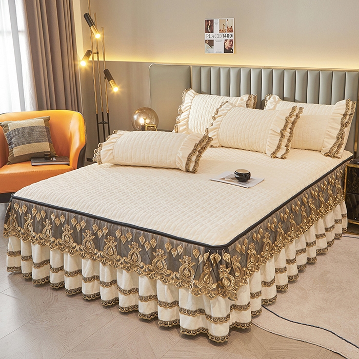 91家纺网 家纺一手货源 找家纺 虹星家纺 2023新款牛奶绒夹棉蕾丝可拆卸床裙系列单床裙 梦幻巴黎 奶白