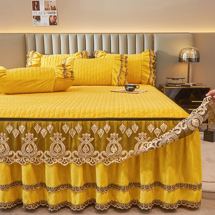 91家纺网 家纺一手货源 找家纺 虹星家纺 2023新款牛奶绒夹棉蕾丝可拆卸床裙系列单床裙 酒梦幻巴黎 柠檬黄