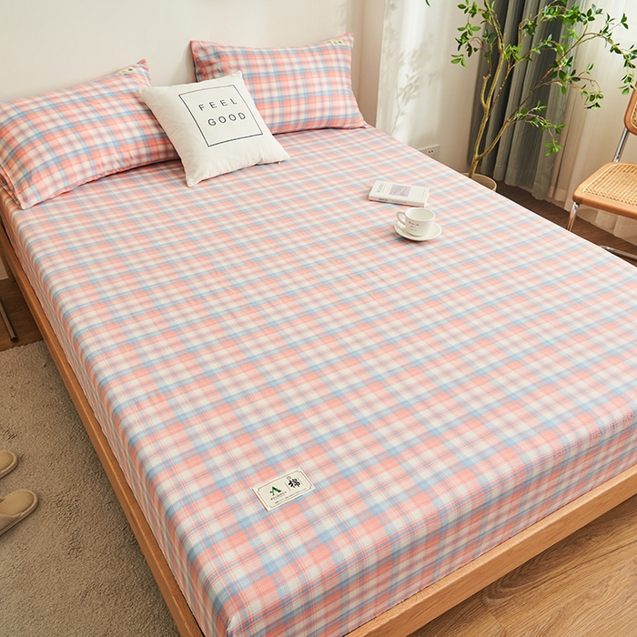 91家纺网 家纺一手货源 找家纺 21度C 2024新款色织全棉水洗棉床笠 七分格粉