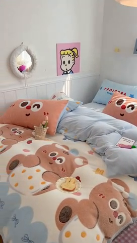 91家纺网 家纺一手货源 找家纺 顾里家纺 2023新款ins韩风∙立体牛奶雪花绒系列四件套 大眼熊