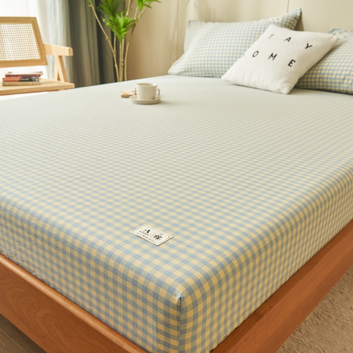 91家纺网 家纺一手货源 找家纺 21度C 2024新款色织全棉水洗棉床笠 琉璃格