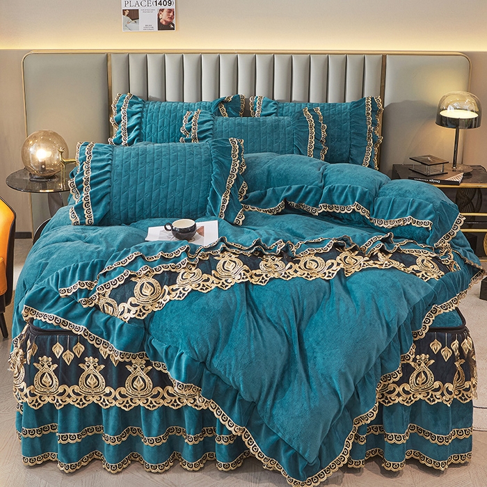 91家纺网 家纺一手货源 找家纺 虹星家纺 2023新款牛奶绒夹棉蕾丝可拆卸床裙系列四件套 梦幻巴黎 海兰