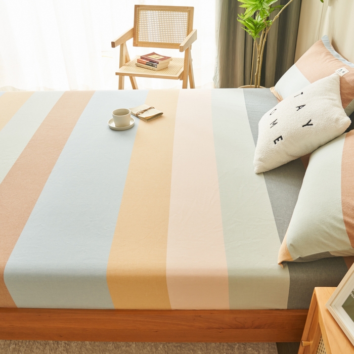 91家纺网 家纺一手货源 找家纺 21度C 2024新款色织全棉水洗棉床笠 七彩条