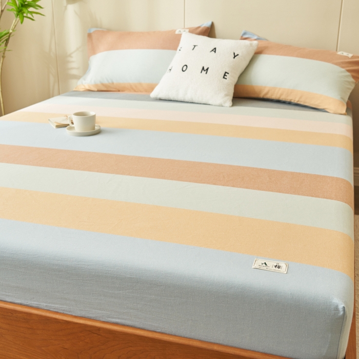 91家纺网 家纺一手货源 找家纺 21度C 2024新款色织全棉水洗棉床笠 七彩条