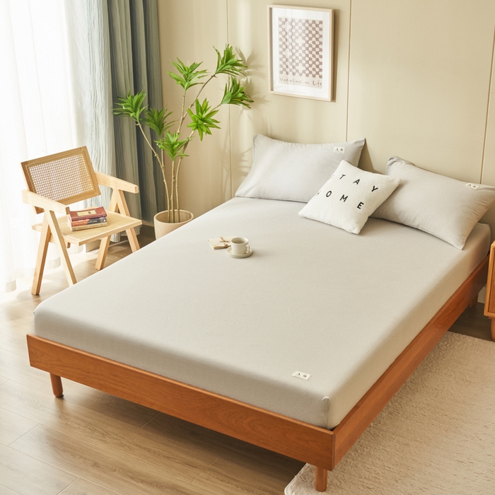 91家纺网 家纺一手货源 找家纺 21度C 2024新款色织全棉水洗棉床笠 密条灰