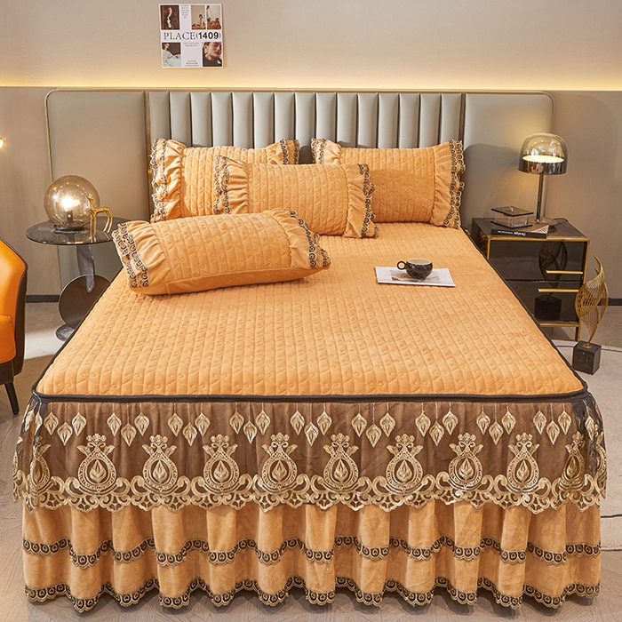 91家纺网 家纺一手货源 找家纺 虹星家纺 2023新款牛奶绒夹棉蕾丝可拆卸床裙系列单床裙 梦幻巴黎 暖杏