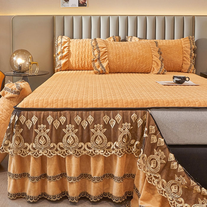 91家纺网 家纺一手货源 找家纺 虹星家纺 2023新款牛奶绒夹棉蕾丝可拆卸床裙系列四件套 梦幻巴黎 暖杏