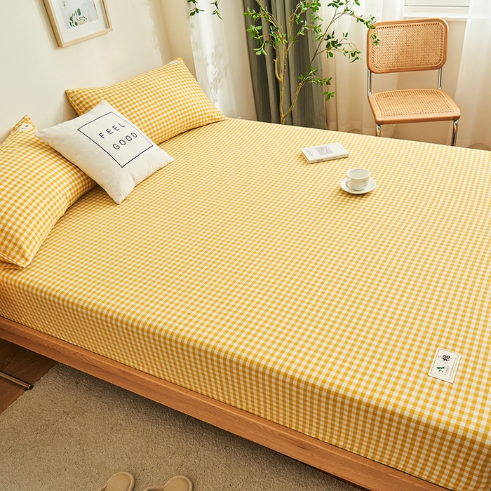 91家纺网 家纺一手货源 找家纺 21度C 2024新款色织全棉水洗棉床笠 浅黄小格