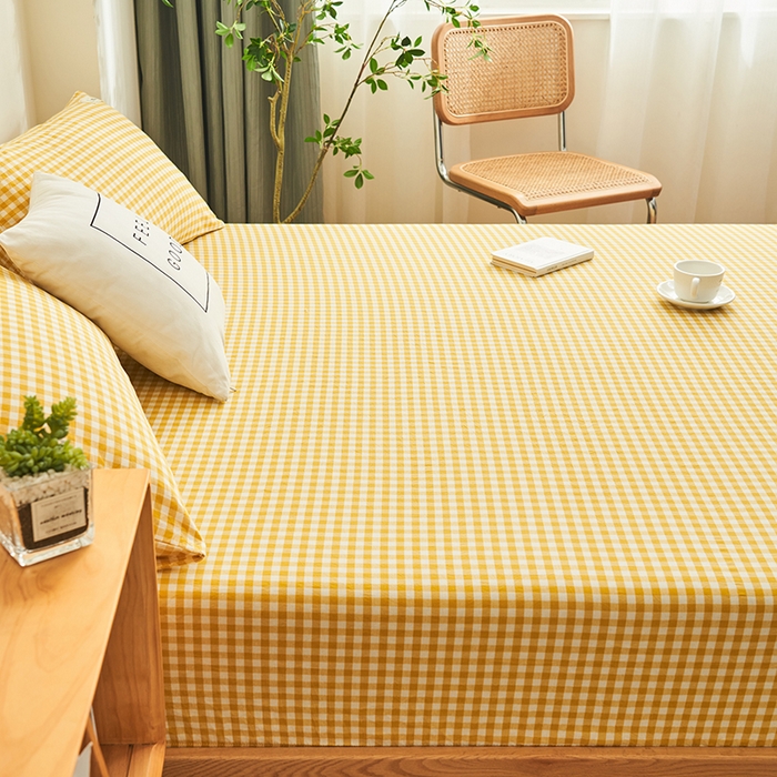 91家纺网 家纺一手货源 找家纺 21度C 2024新款色织全棉水洗棉床笠 浅黄小格