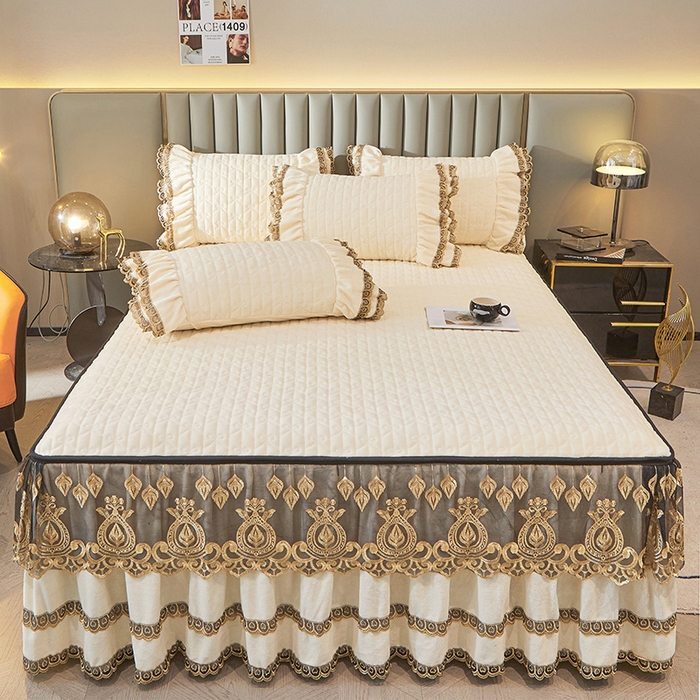 91家纺网 家纺一手货源 找家纺 虹星家纺 2023新款牛奶绒夹棉蕾丝可拆卸床裙系列单床裙 梦幻巴黎 奶白