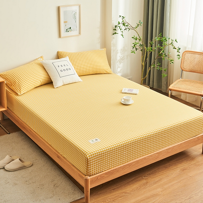 91家纺网 家纺一手货源 找家纺 21度C 2024新款色织全棉水洗棉床笠 浅黄小格