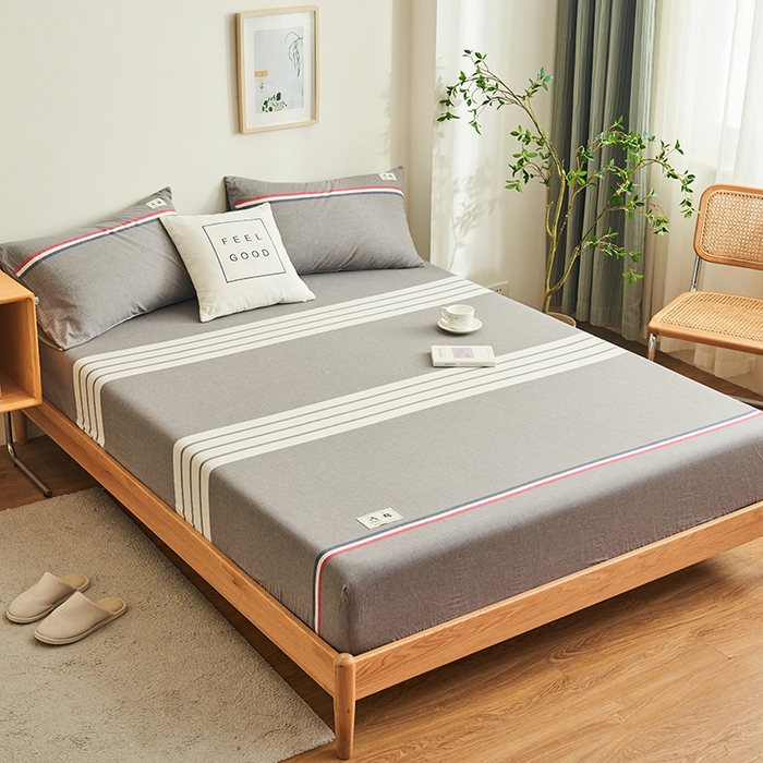 91家纺网 家纺一手货源 找家纺 21度C 2024新款色织全棉水洗棉床笠 光阴灰