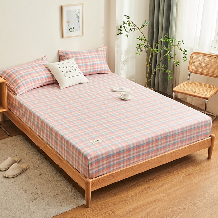 91家纺网 家纺一手货源 找家纺 21度C 2024新款色织全棉水洗棉床笠 七分格粉