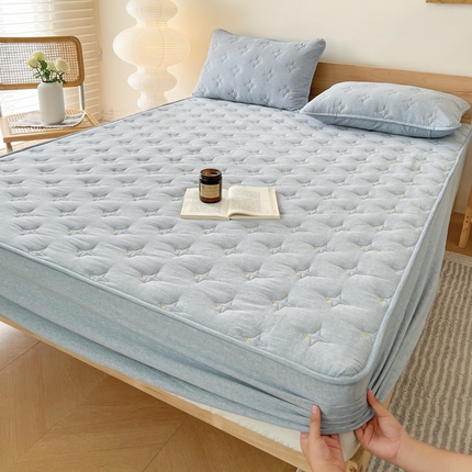 尊康家纺（原磊科） 2024新款全棉色织大豆夹棉床笠防水床笠-浓情蜜意 蓝色