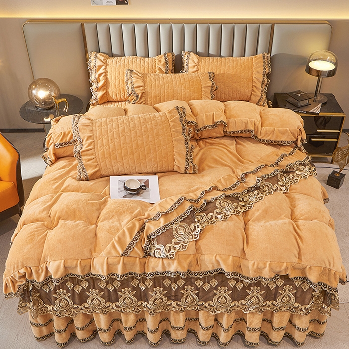 91家纺网 家纺一手货源 找家纺 虹星家纺 2023新款牛奶绒夹棉蕾丝可拆卸床裙系列四件套 梦幻巴黎 暖杏