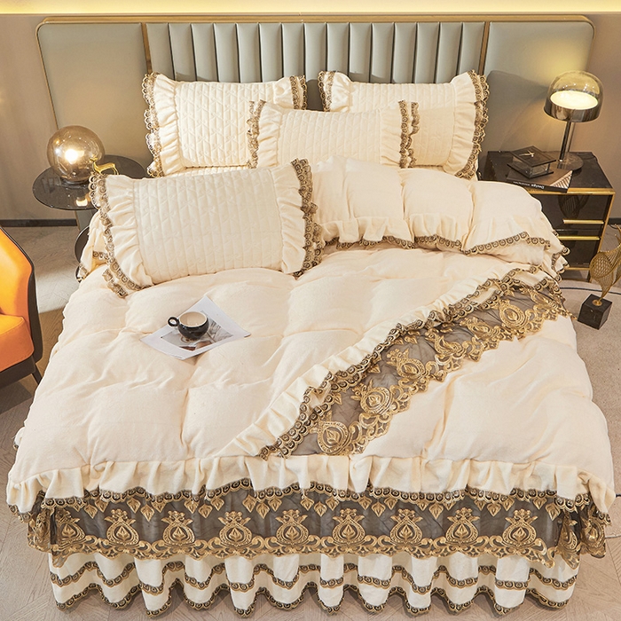 91家纺网 家纺一手货源 找家纺 虹星家纺 2023新款牛奶绒夹棉蕾丝可拆卸床裙系列四件套 梦幻巴黎 奶白