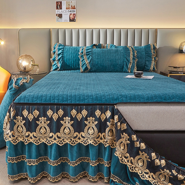 91家纺网 家纺一手货源 找家纺 虹星家纺 2023新款牛奶绒夹棉蕾丝可拆卸床裙系列四件套 梦幻巴黎 海兰