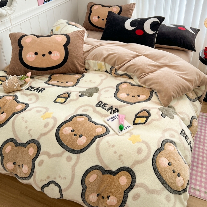 91家纺网 家纺一手货源 找家纺 顾里家纺 2023新款ins韩风∙立体牛奶雪花绒系列四件套 小树熊