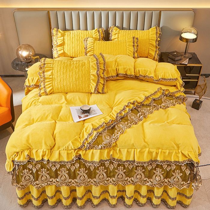 91家纺网 家纺一手货源 找家纺 虹星家纺 2023新款牛奶绒夹棉蕾丝可拆卸床裙系列四件套 梦幻巴黎 柠檬黄