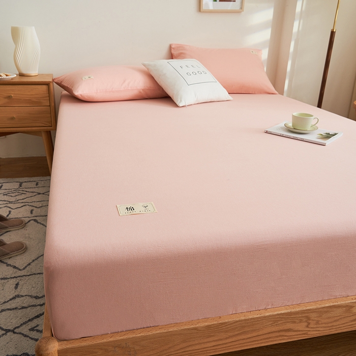 91家纺网 家纺一手货源 找家纺 21度C 2024新款色织全棉水洗棉床笠 洛卡-粉