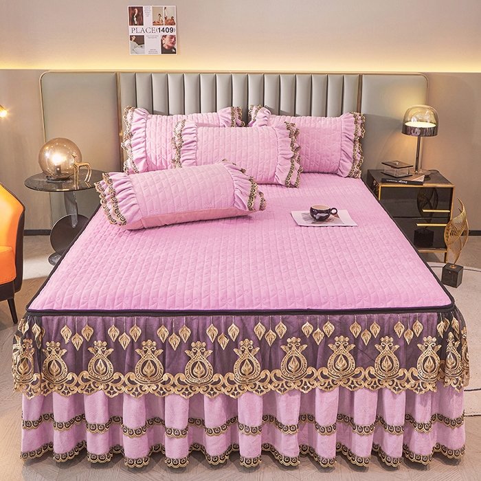 91家纺网 家纺一手货源 找家纺 虹星家纺 2023新款牛奶绒夹棉蕾丝可拆卸床裙系列单床裙 梦幻巴黎 柔紫