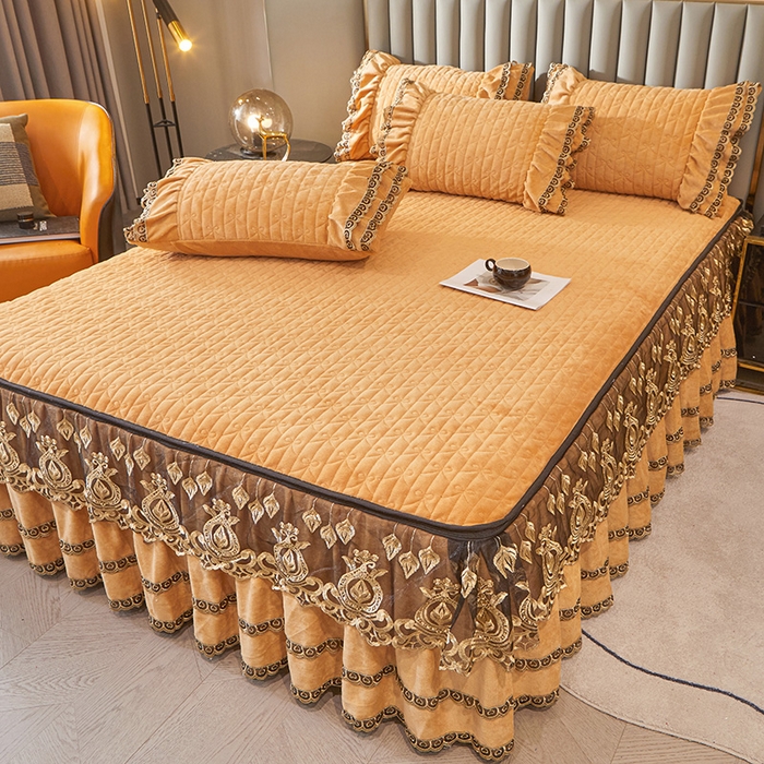 91家纺网 家纺一手货源 找家纺 虹星家纺 2023新款牛奶绒夹棉蕾丝可拆卸床裙系列单床裙 梦幻巴黎 暖杏