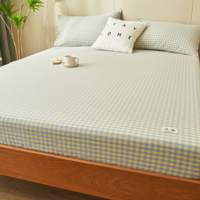 91家纺网 家纺一手货源 找家纺 21度C 2024新款色织全棉水洗棉床笠 琉璃格