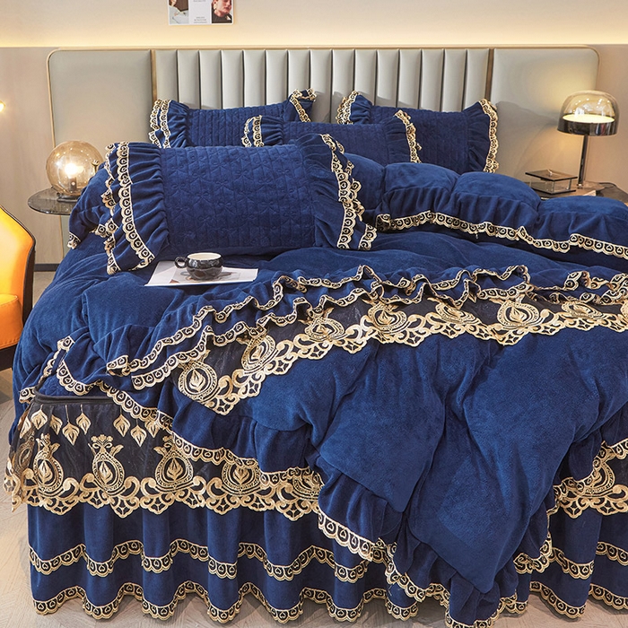 91家纺网 家纺一手货源 找家纺 虹星家纺 2023新款牛奶绒夹棉蕾丝可拆卸床裙系列四件套 梦幻巴黎 宝蓝