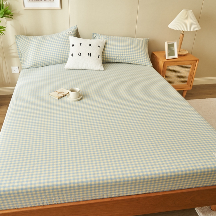 91家纺网 家纺一手货源 找家纺 21度C 2024新款色织全棉水洗棉床笠 琉璃格