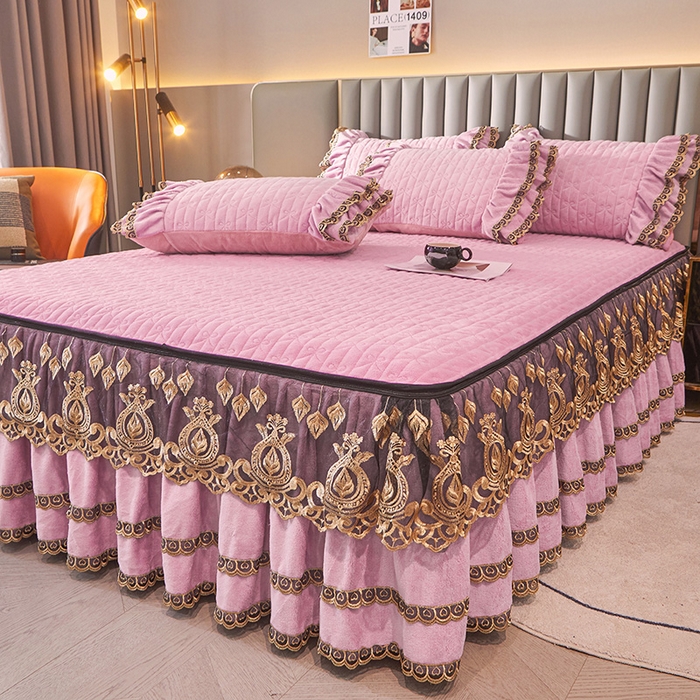 91家纺网 家纺一手货源 找家纺 虹星家纺 2023新款牛奶绒夹棉蕾丝可拆卸床裙系列单床裙 梦幻巴黎 柔紫