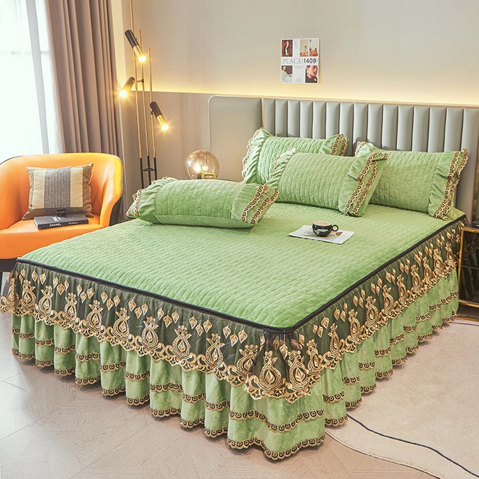 91家纺网 家纺一手货源 找家纺 虹星家纺 2023新款牛奶绒夹棉蕾丝可拆卸床裙系列单床裙 梦幻巴黎 果绿